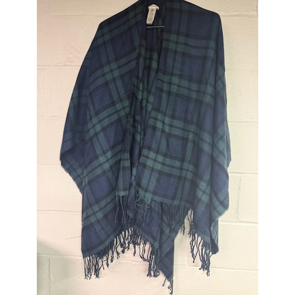 Goodthreads Navy Green Plaid Fringe Wrap Shawl Open Front Poncho One Size